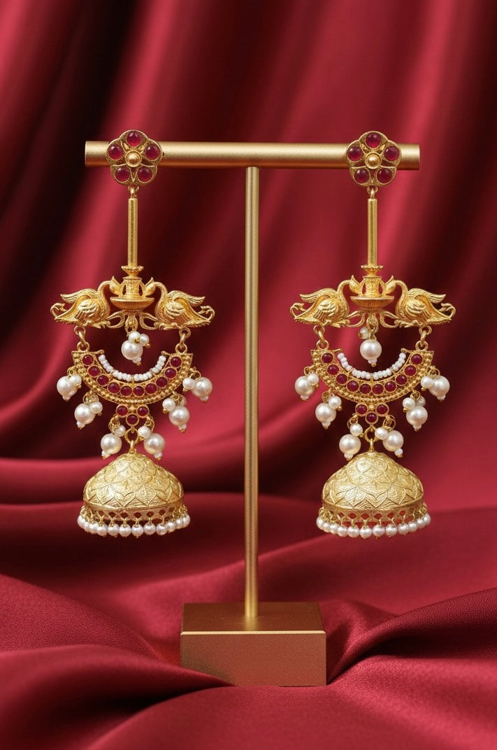Regal Peacock Ruby & Pearl Kashmiri Jhumka- Brass