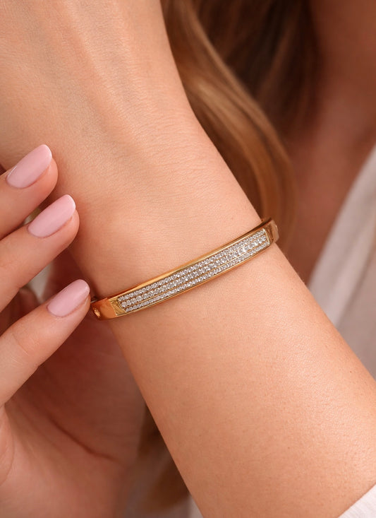 Baby Size Gold Crystal Pavé Hinged Bangle | Radiant Cubic Zirconia Statement Bracelet