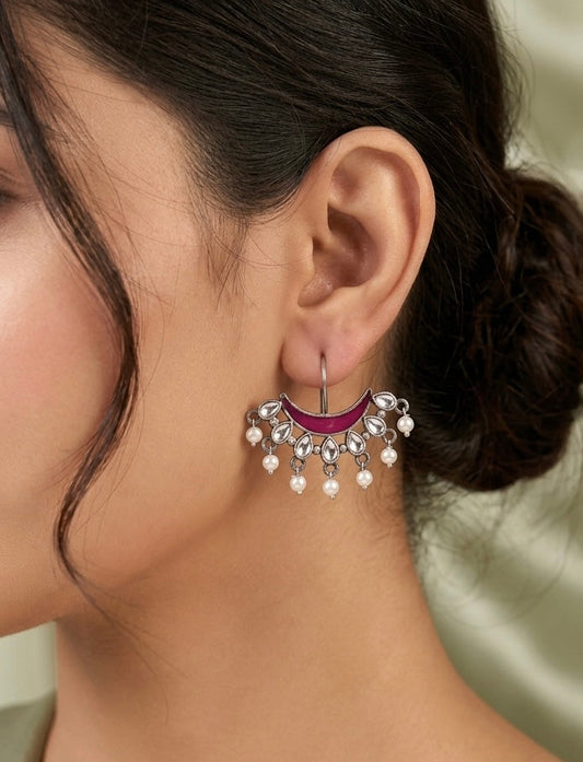 Magenta Pop Crescent Kundan Studs – Oxidized Silver Chand Earrings with Pearl Accents