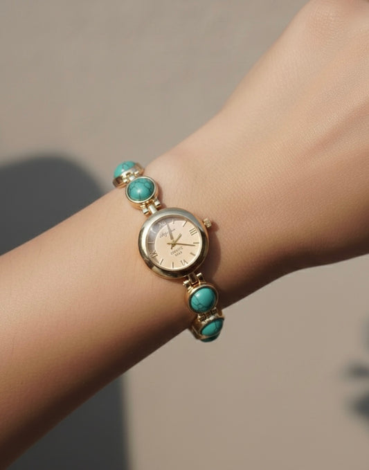 Turquoise Cabochon Stone Inlay Gold Bracelet Watch