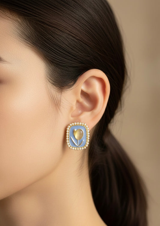 Pearl Bloom Blue Enamel Stud Earrings