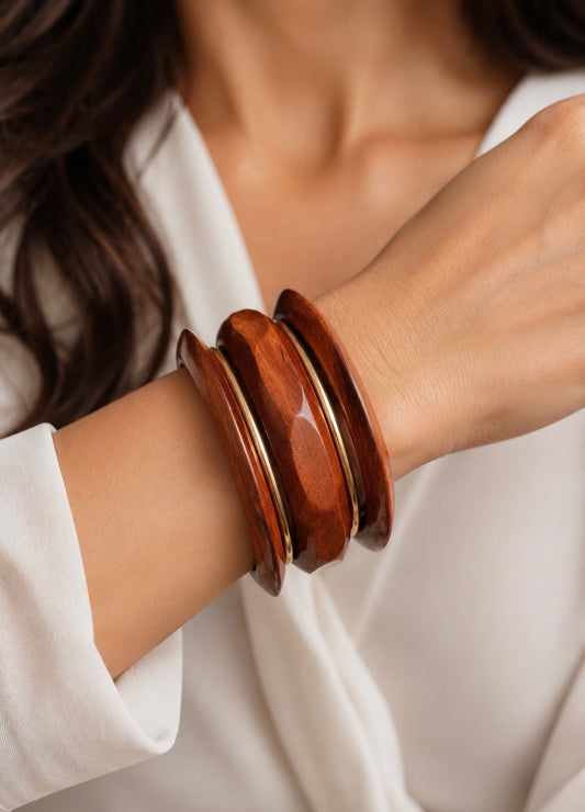 Polished Wood & Gold-Tone Bangle Stack | Sculptural Earthy Statement Cuff Set