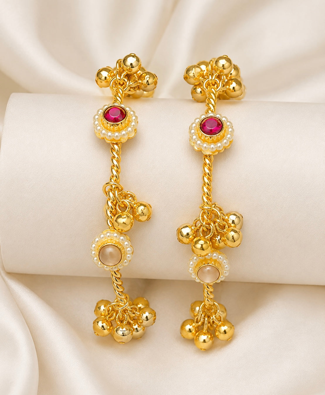 Golden Ghungroo & Pearl Floral Kangan Set | Traditional Indian Stone & Bell Bangles (Pair of 2)