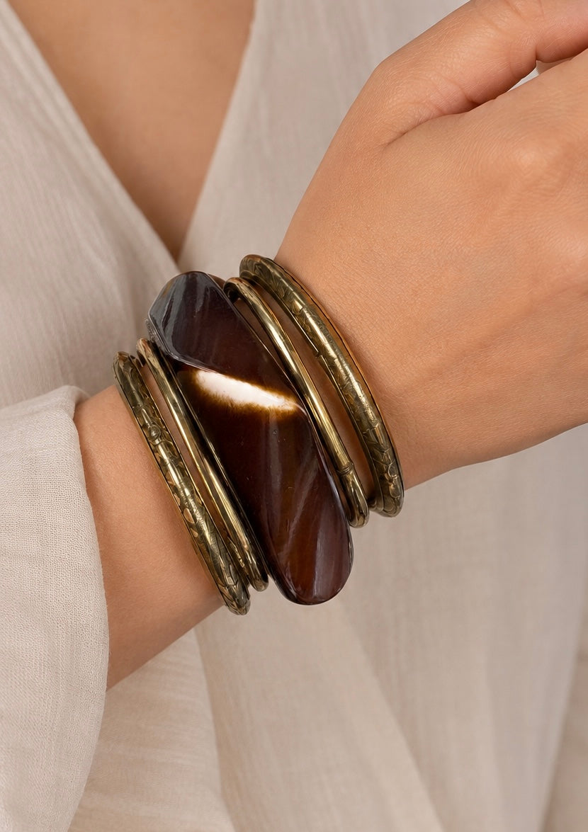 Amber Horn Resin & Antique Gold Bangle Stack