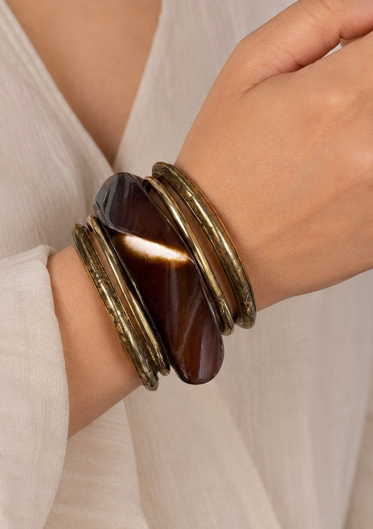 Amber Horn Resin & Antique Gold Bangle Stack