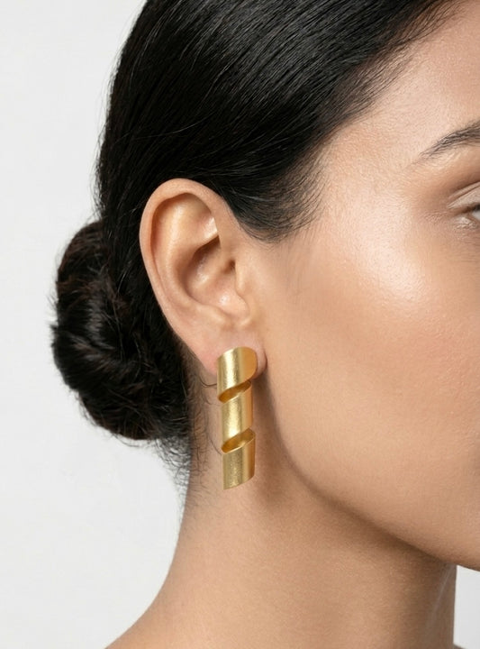 Matte Gold Spiral Ribbon Earrings | Architectural Geometric Statement Studs