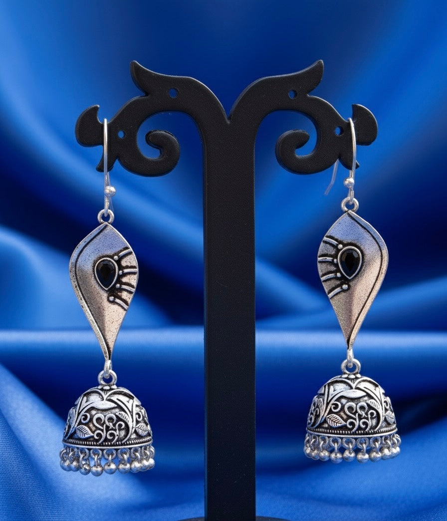 Boho Chic Oxidized Silver Tone Jhumkas with Intricate Floral Carving