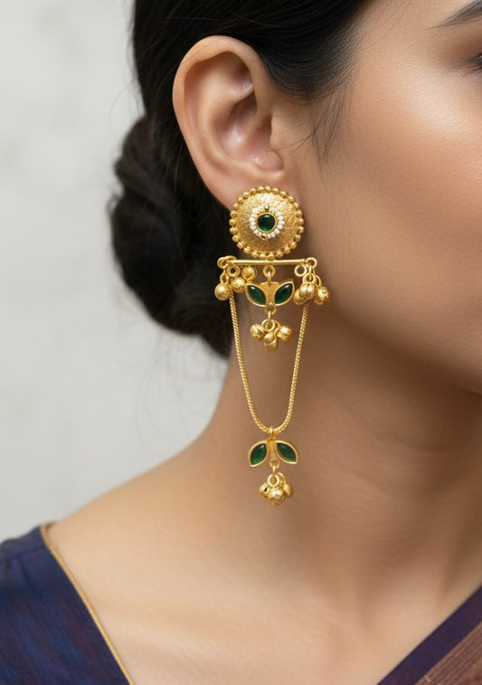 Zubaida Floral Gold Dangles – Traditional Green Stone & Pearl kashmiri Earrings