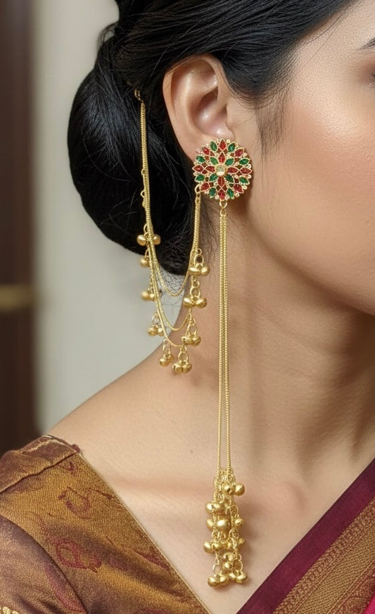 Traditional Kashmiri Meenakari Stud & Gold Jhumka Kaan Chain Earrings