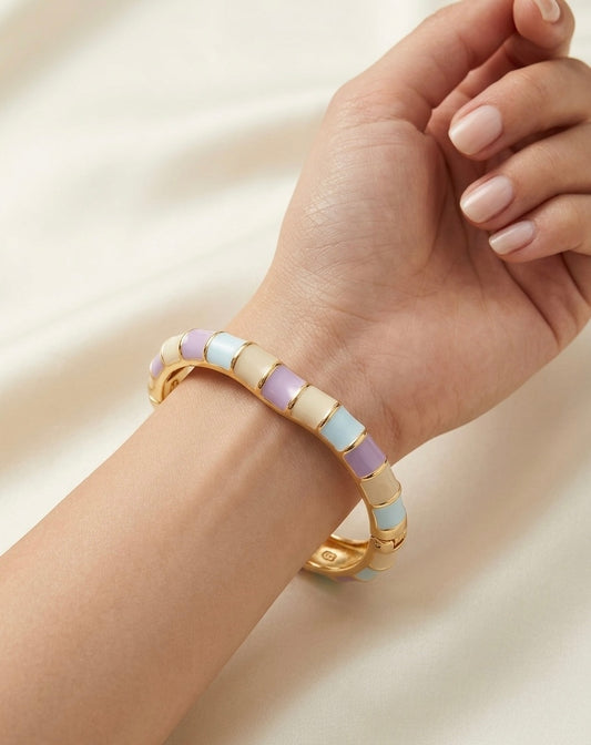 Pastel Mosaic Enamel Bangle – Gold-Toned Hinged Bracelet in Lavender, Mint & Cream