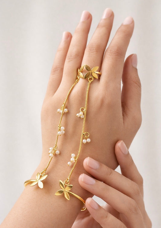 Matte Gold Floral Hathphool – Elegant Hand Harness with Delicate Pearl Accents