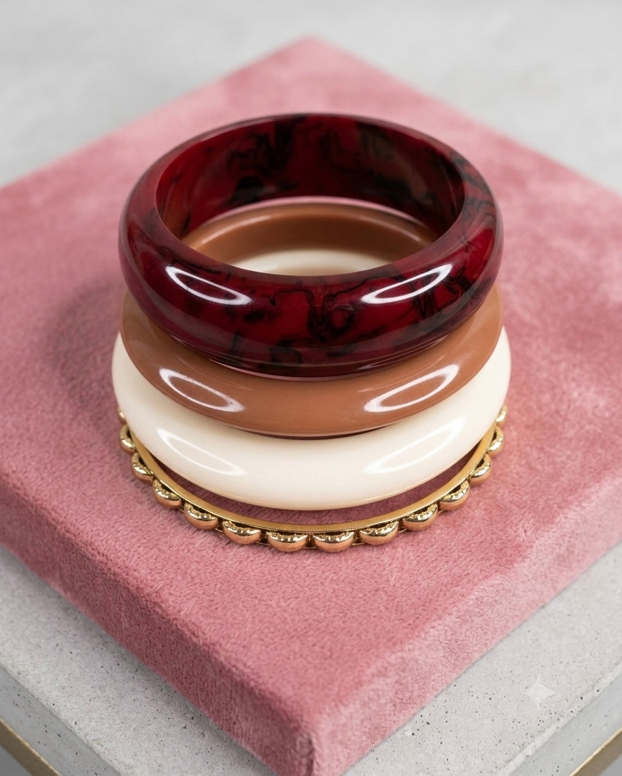 Crimson Marble & Warm Neutral Resin Bangle Stack | Golden Scallop Beaded Bracelet Set (Set of 4)