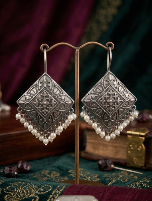 Antique Silver Filigree Rhombus Earrings | Oxidized Diamond-Shape Drops with Pearl Fringe