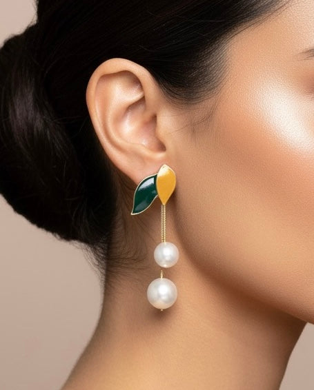 Dual Enamel Leaf Pearl Drop Earrings
