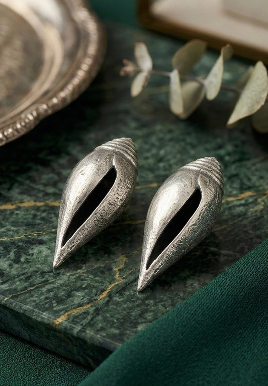 Artisan Silver Conch Shell Studs | Oxidized Sculptural Sea-Inspired Statement Earrings
