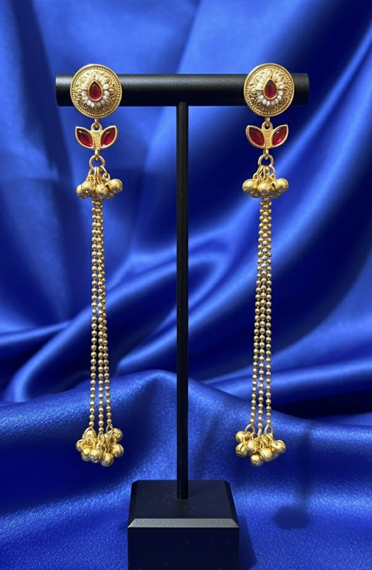 Royal Kashmiri Earrings with Ruby Accents & Gold Bead Tassels