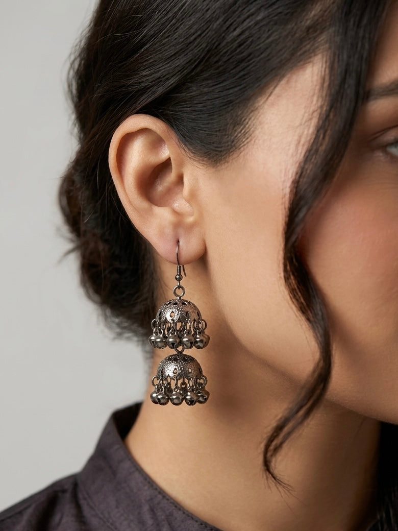 Antique Two-Tiered Jhumkas – Double Bell Boho Earrings with Ghungroo Fringe