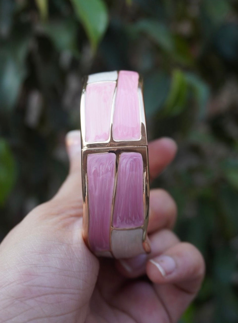 Art Deco Enamel Cuff – Geometric Pink and Pearl White Hinged Bangle in Polished Gold