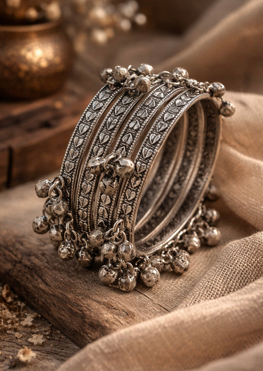 Antique Silver Ghungroo Bangles | Set of Oxidized Tribal Leaf-Pattern Stackable Bracelets