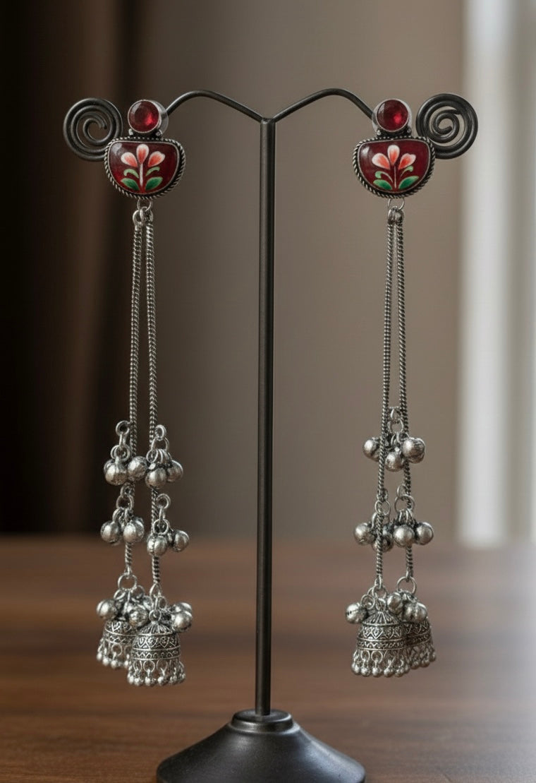 Meenakari Enamel Earrings | Oxidized Silver Long Dangle & Drop | Ethnic Fusion Jewelry