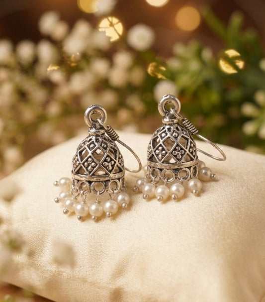 Meera Mini Jhumkas – Delicate Silver Lattice & Seed Pearl Drops