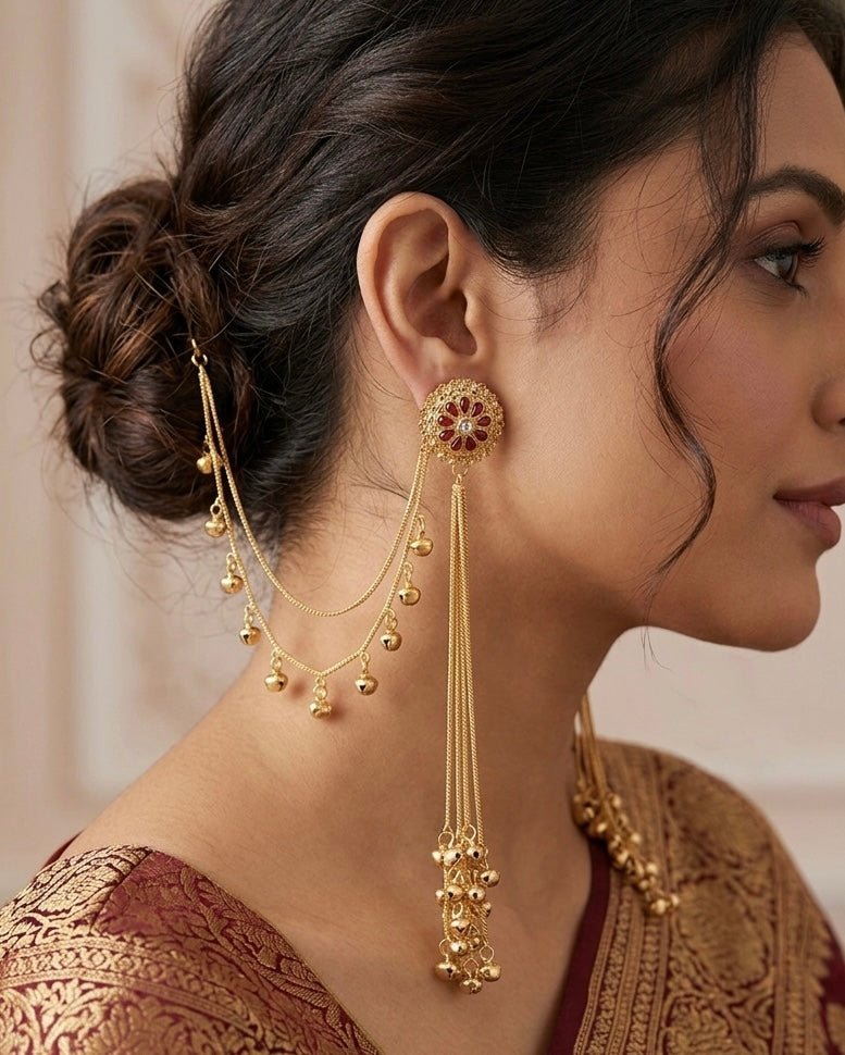 Kashmiri Kemp Stone Sahara Earrings – Gold-Toned Jhumka with Cascading Hair Chains