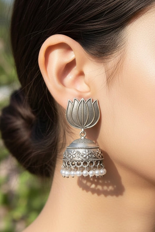 Lotus Bloom Silver Jhumka Earrings with Pearl Drops