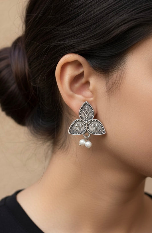 Trinity Leaf Oxidised Silver Stud Earrings with Pearl Drops