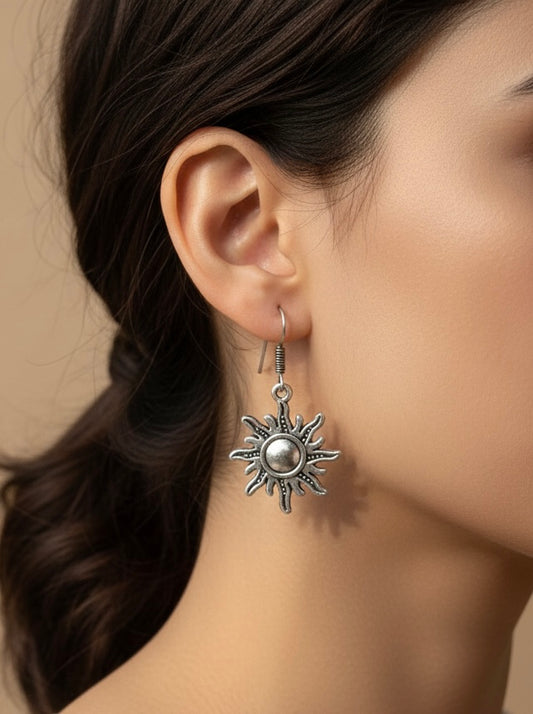 Oxidized Silver Sunburst Dangles | Celestial Bohemian Charm Drop Earrings