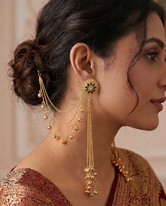 Kashmiri Kemp Stone Sahara Earrings – Gold-Toned Jhumka with Cascading Hair Chains
