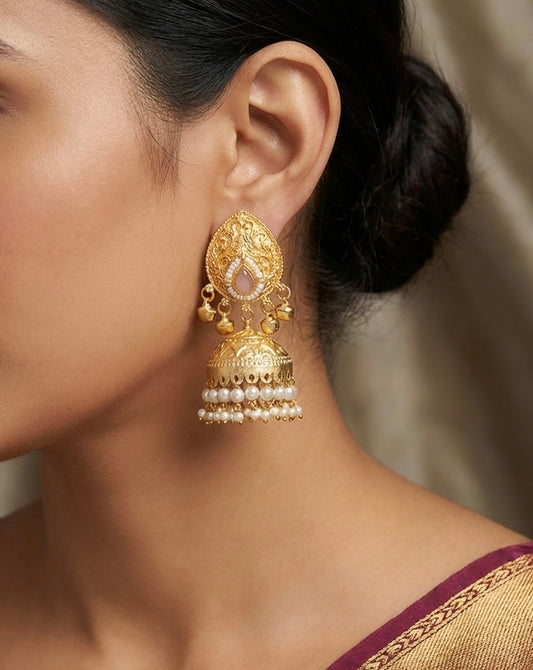Noorani Floral Jhumkas – Ornate Gold & Seed Pearl Heritage Earrings