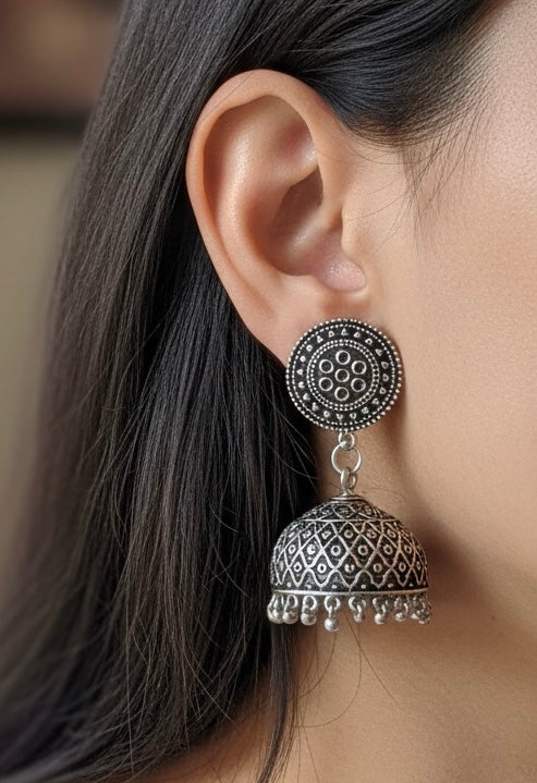 Oxidized Silver Mandala & Bell Jhumka Earrings