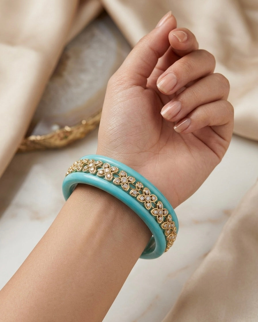 Turquoise Sky Floral Bangle – Gold-Plated Blossom Inlay Statement Bracelet