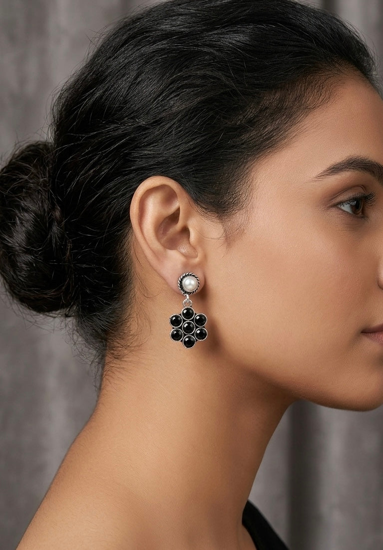 Midnight Blossom Pearl Drops – Oxidized Silver Floral Earrings with Black Stone Inlays
