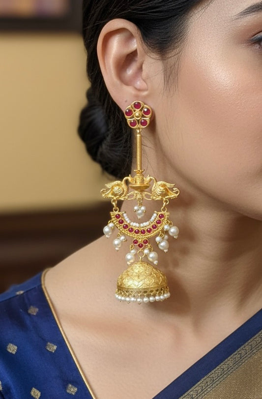Regal Peacock Ruby & Pearl Kashmiri Jhumka- Brass