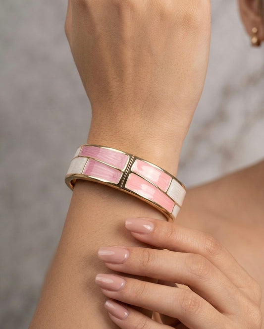 Art Deco Enamel Cuff – Geometric Pink and Pearl White Hinged Bangle in Polished Gold