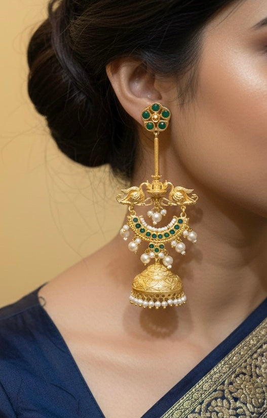 Regal Peacock Ruby & Pearl Kashmiri Jhumka- Brass