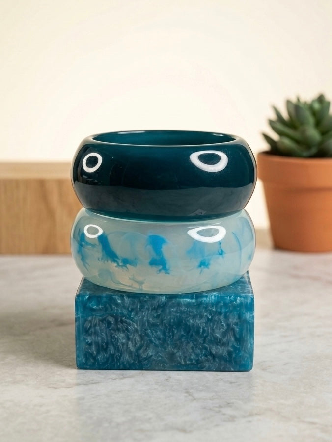 Oceanic Marble Resin Bangle Stack | Geometric Turquoise, Seafoam & Deep Teal Cuff Set (Set of 3)