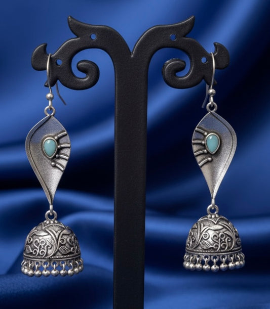 Boho Chic Oxidized Silver Tone Jhumkas with Intricate Floral Carving