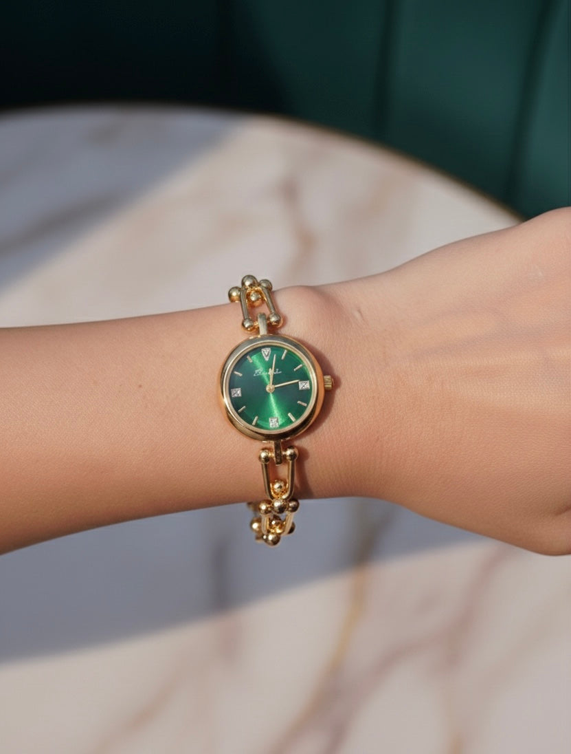 Emerald Dial Watch With Orbital Link Bracelet