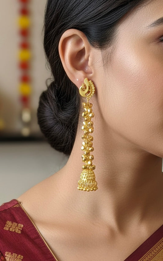 Royal Kashmiri Long Jhumka Earrings with Gold Ghungroo Clusters