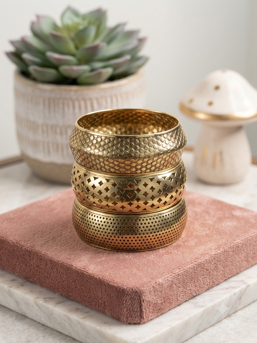 Antique Golden Filigree Cuff Stack | Perforated Geometric Brass Bangles (Set of 3)
