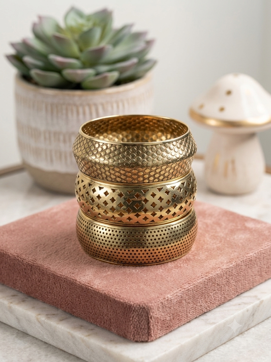 Antique Golden Filigree Cuff Stack | Perforated Geometric Brass Bangles (Set of 3)