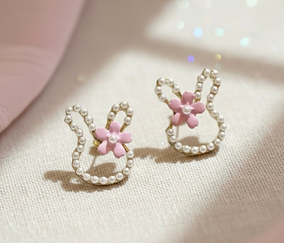Pearl Bunny Rabbit Stud Earrings with Pink Flower Accent