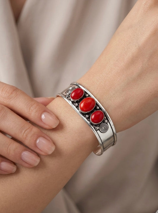 Oxidized Silver Cuff Bracelet with Triple Red Gemstone Cabochons