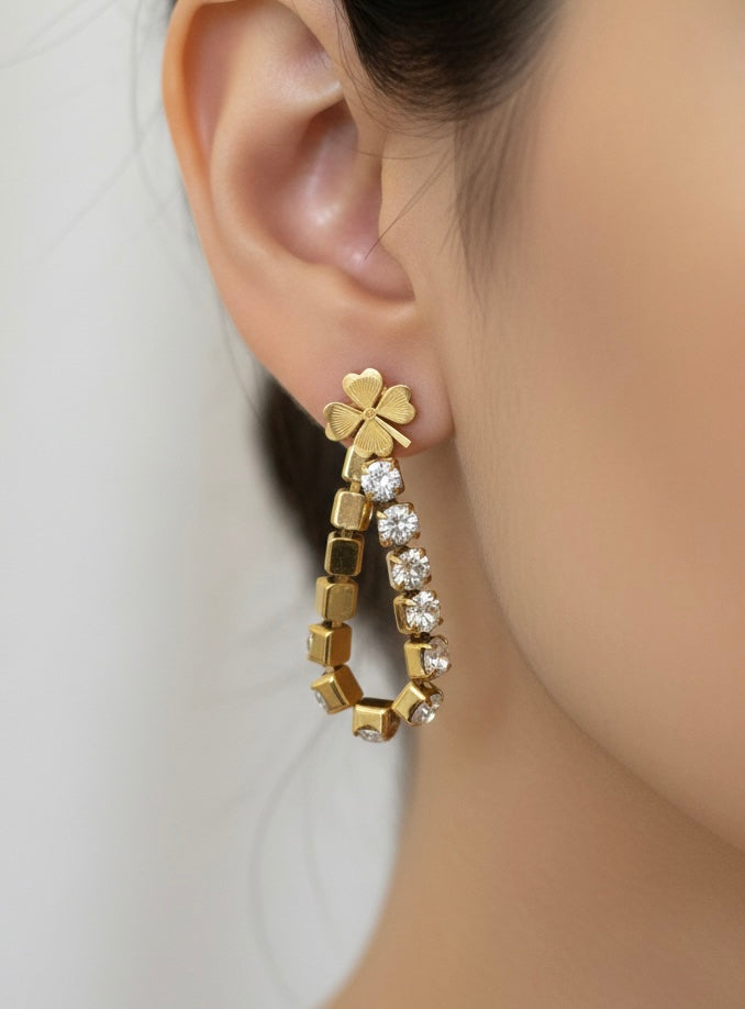 Gilded Clover & Rhinestone Teardrop Earrings – Petite Crystal Halo Drops