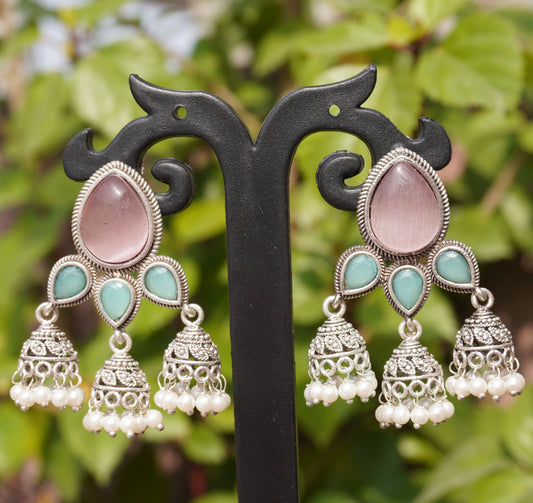 Blush & Mint Stone Triple Mini Pearl Jhumka Earrings – Oxidized Silver Finish
