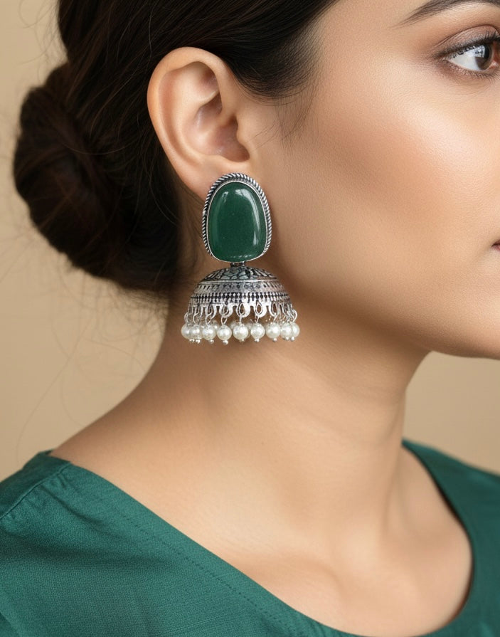 Oxidized Silver Onyx-Style Jhumka Earrings | Traditional Pearl Droplet Dangles