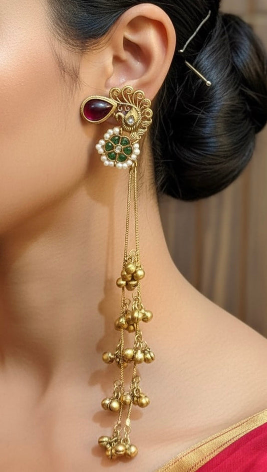 Traditional Kashmiri Long Jhumka Earrings | Antique Gold Peacock Design | Festive Ethnic Statement Jewelry