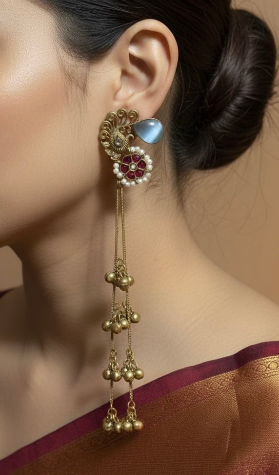 Traditional Kashmiri Long Jhumka Earrings | Antique Gold Peacock Design | Festive Ethnic Statement Jewelry